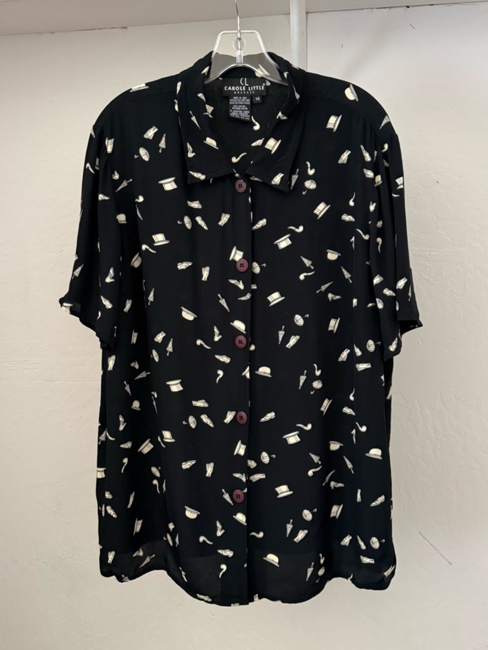 1990s Carole Little Retro Accessories Novelty Print Rayon Shirt